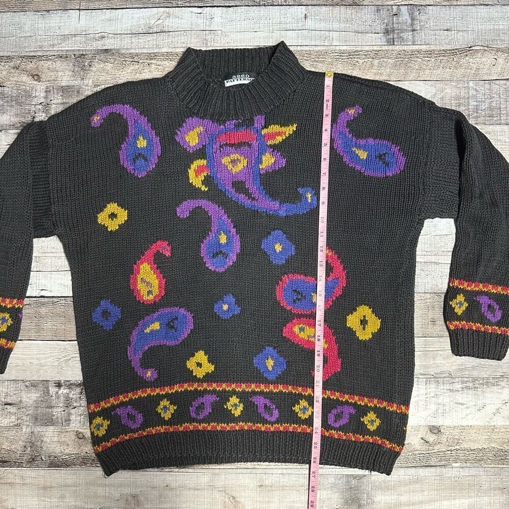 Vintage Funky Boho Paisley Print Chunky Knit Mock Neck Grandma Sweater | Medium - Picture 4 of 6